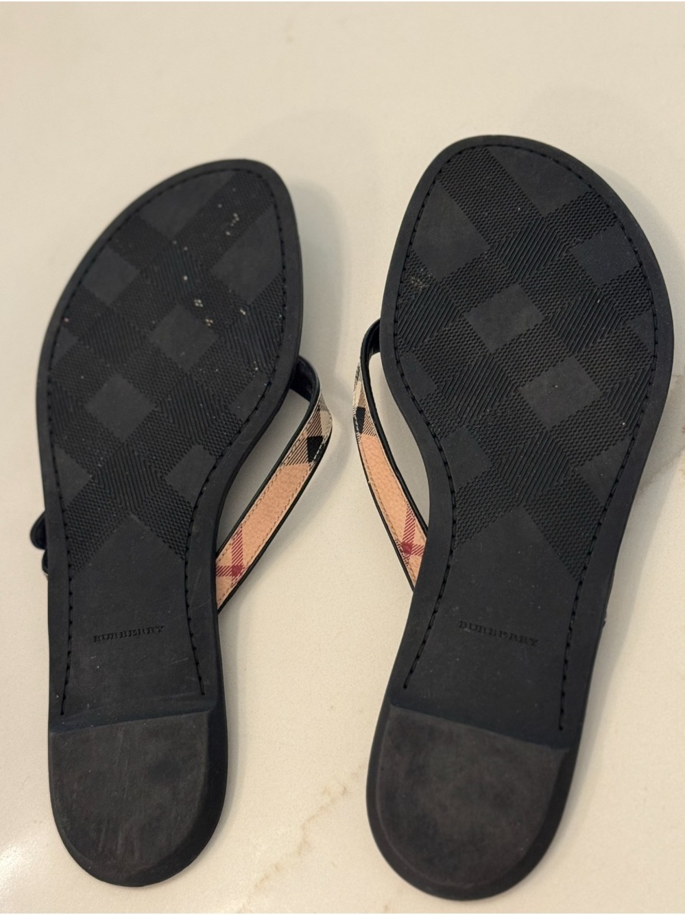 Burberry Black Thong Sandals with Beige Plaid Straps - Picture 3 of 5
